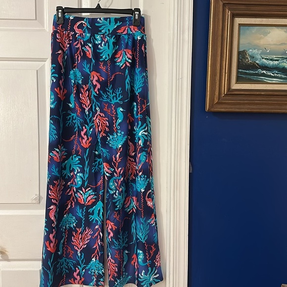 NWT Aryeh Vibrant Navy & Pink Ocean Wide Leg Pull On Palazzo Pants - Picture 5 of 7